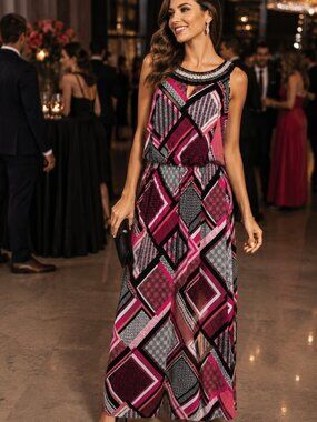 Women’s Y2K Aesthetic Liquid Knit Maxi Dress Size L – Embellished Geometric Glam
